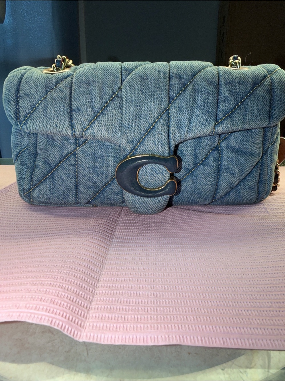 Coach Quilted Denim Crossbody Bag in Blue with Chain Strap - Picture 5 of 5